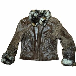 Women's Brown Leather Jacket with animal chetah Faux Fur Trim